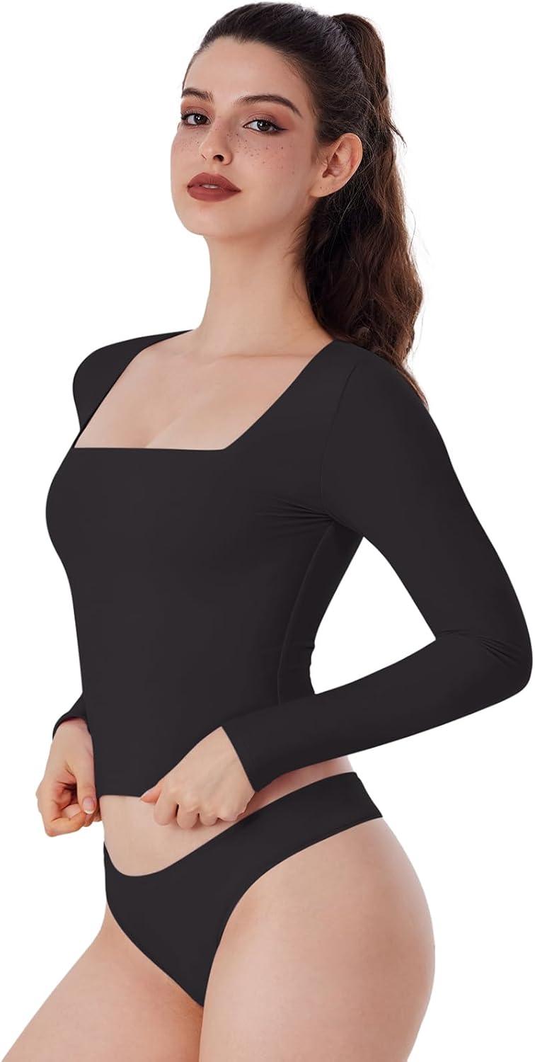 Square Neck Basics Y2K Tops Layering Slim Fitted Top - REORIA