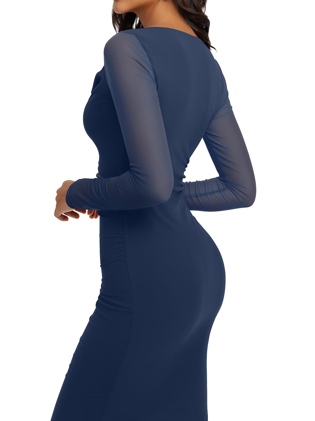Cowl Neck Sheer Mesh Long Sleeve Ruched Maxi Dress
