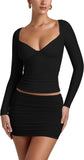 V Neck Long Sleeve Slim Fitted Side Ruched Trendy Y2K Going Out Crop Top - REORIA