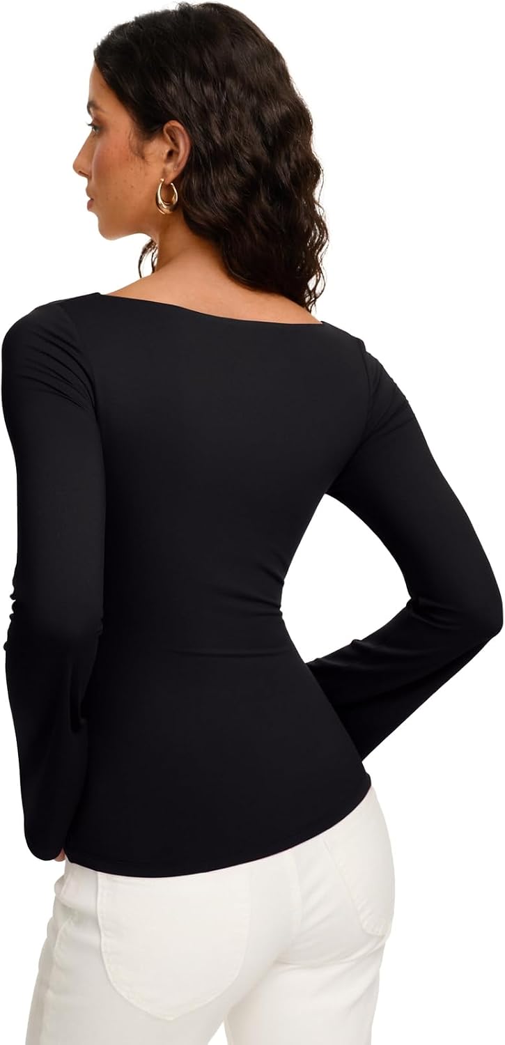 REORIA Womens Double Lined Y2K Cropped Top Bell Sleeve Fall Basic Shirts | Boat Neck No-See-Through Stretchy Slim Fitted Versatile Layering Tee for Club Office Casual Evening Wear