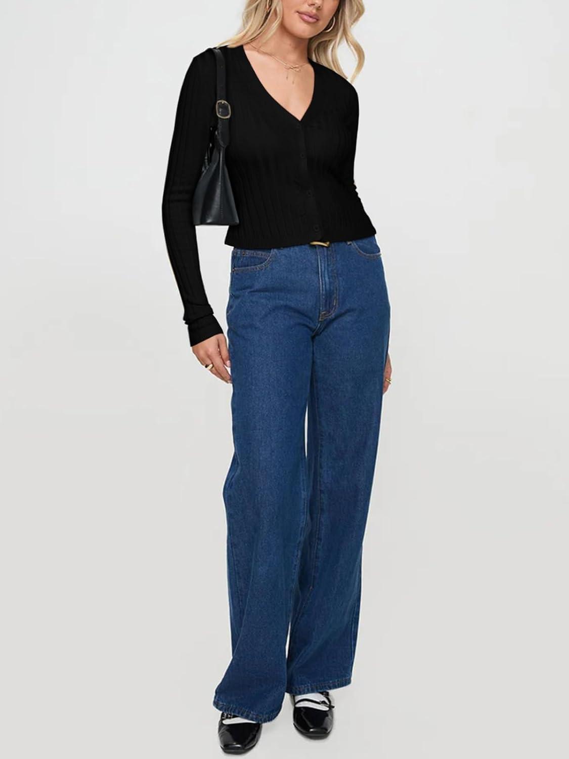 Trendy V Neck Open Front Lightweight Knit Cardigan Long Sleeve Cropped Sweaters Fall Outfits - REORIA