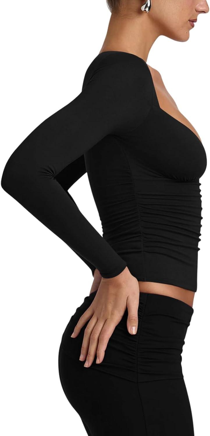 V Neck Long Sleeve Slim Fitted Side Ruched Trendy Y2K Going Out Crop Top - REORIA