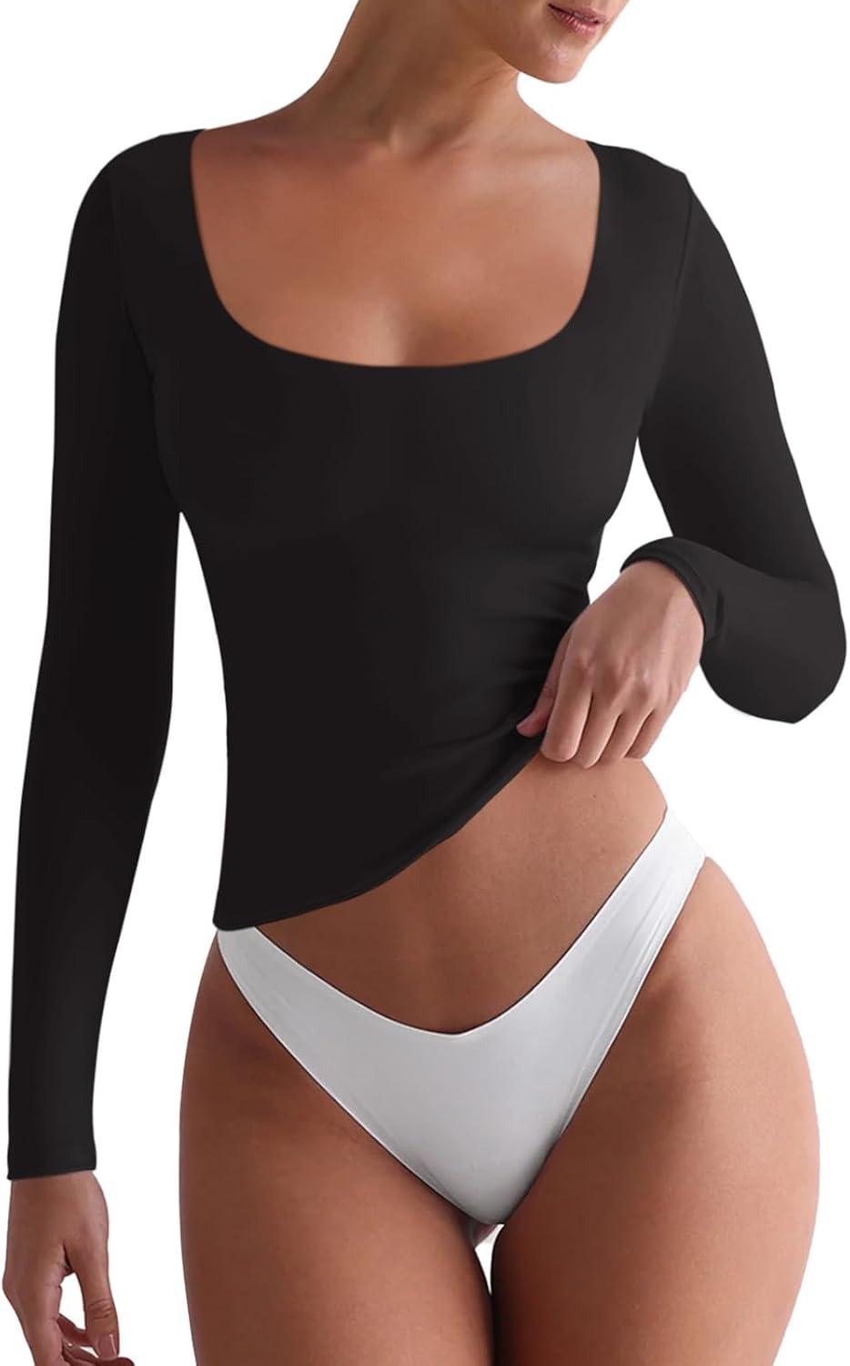 Square Neck Long Sleeve Shirts Double Lined Tops Tight Shirts - REORIA