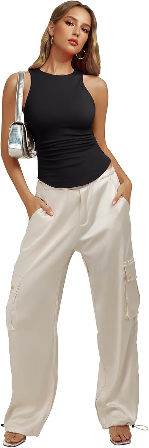 REORIA Womens High Neck Sleeveless Tank Tops Racerback Double Lined Basic Tops Summer Fitted Going Out Tops