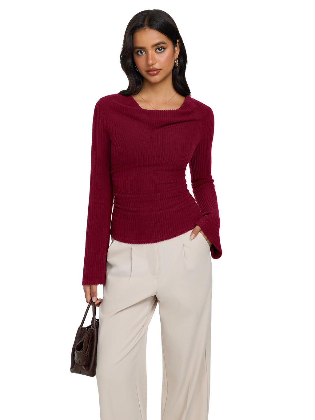 Cowl Neck Ribbed Knit Bell Sleeve Top