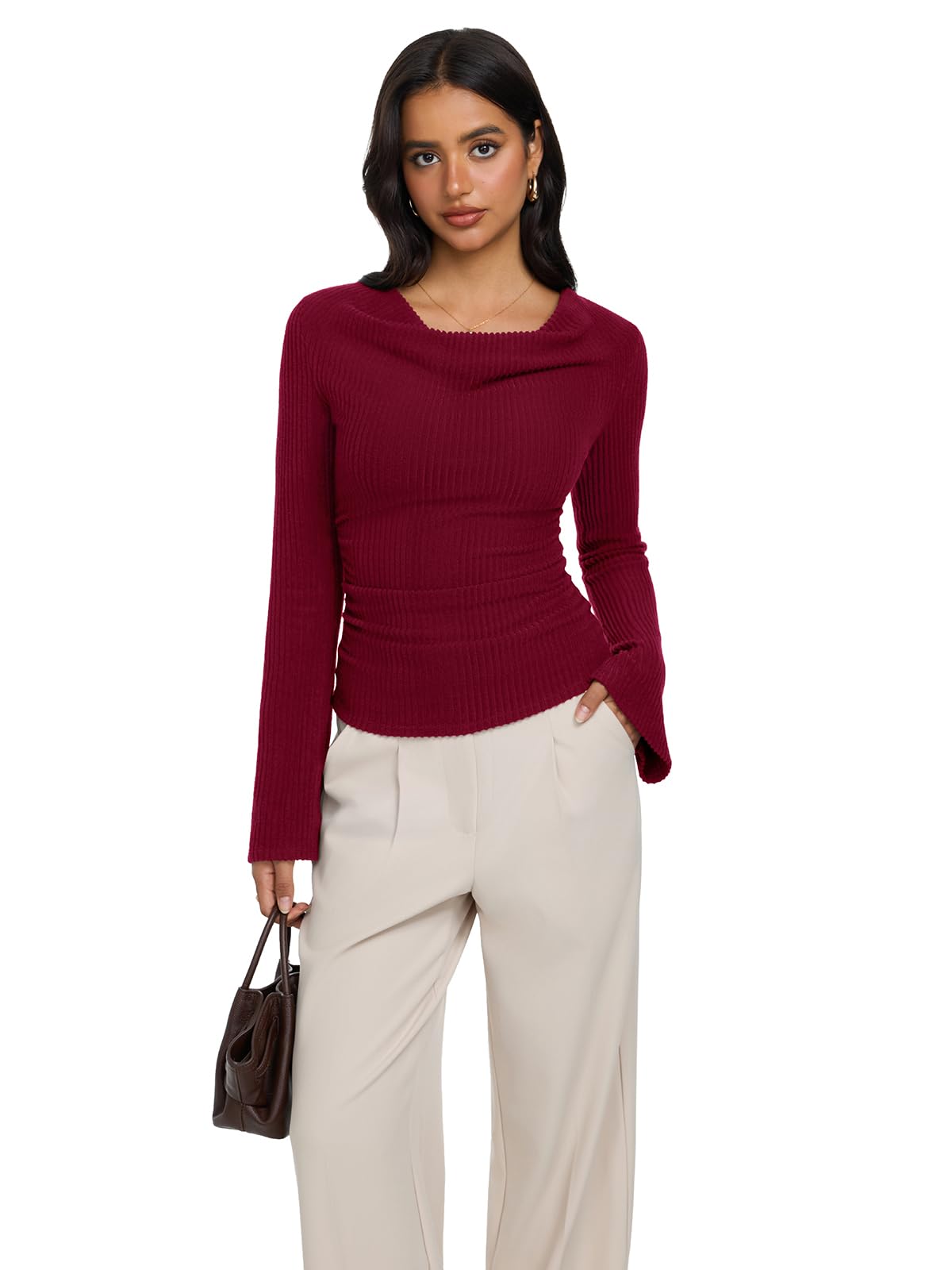 Cowl Neck Ribbed Knit Bell Sleeve Top