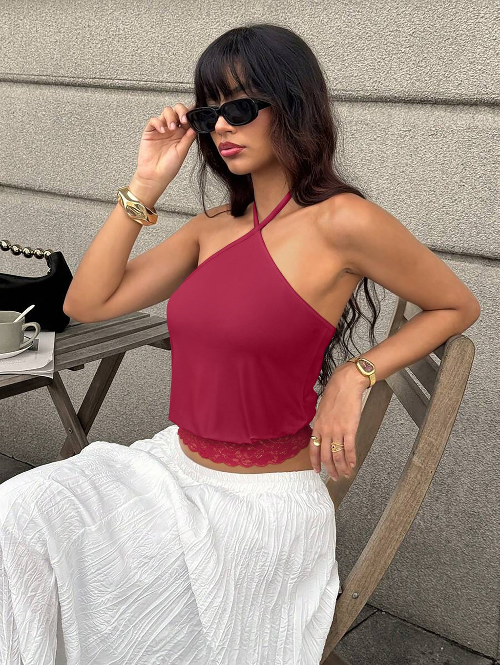 REORIA Backless Halter Lace Trim Crop Tank Top
