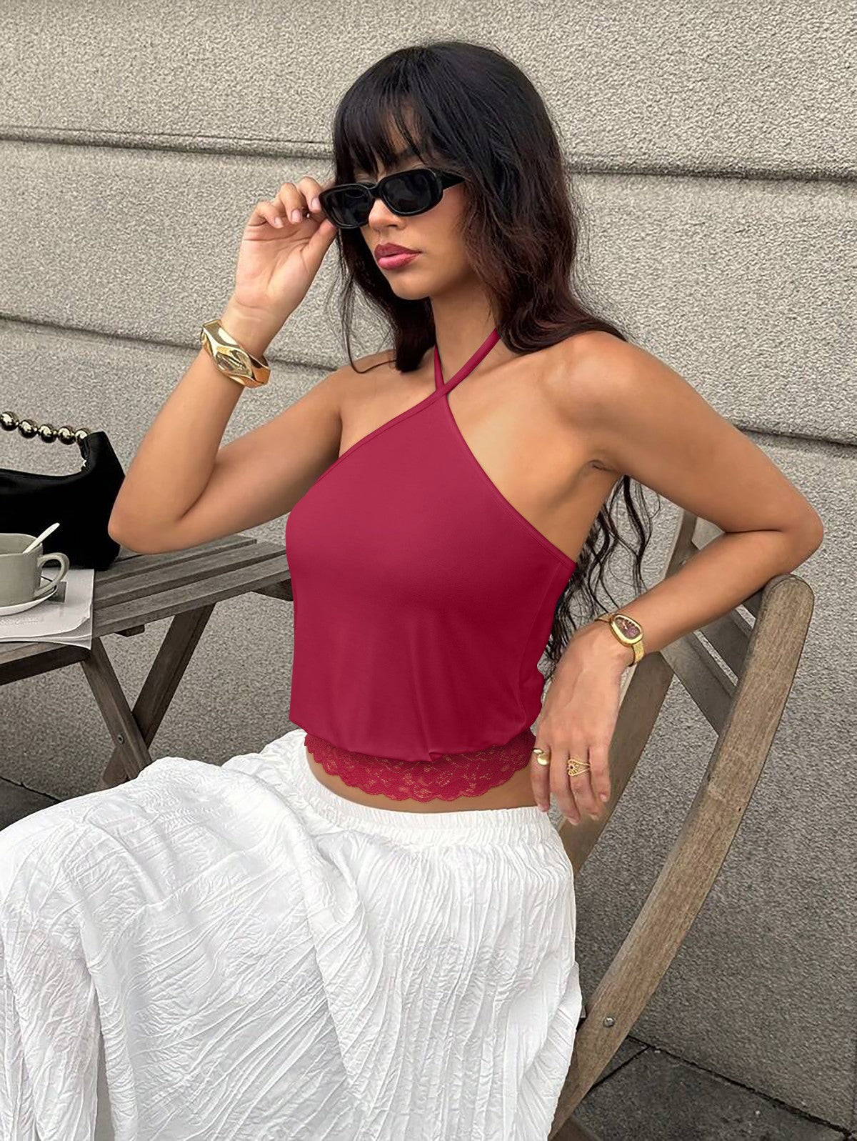 REORIA Backless Halter Lace Trim Crop Tank Top