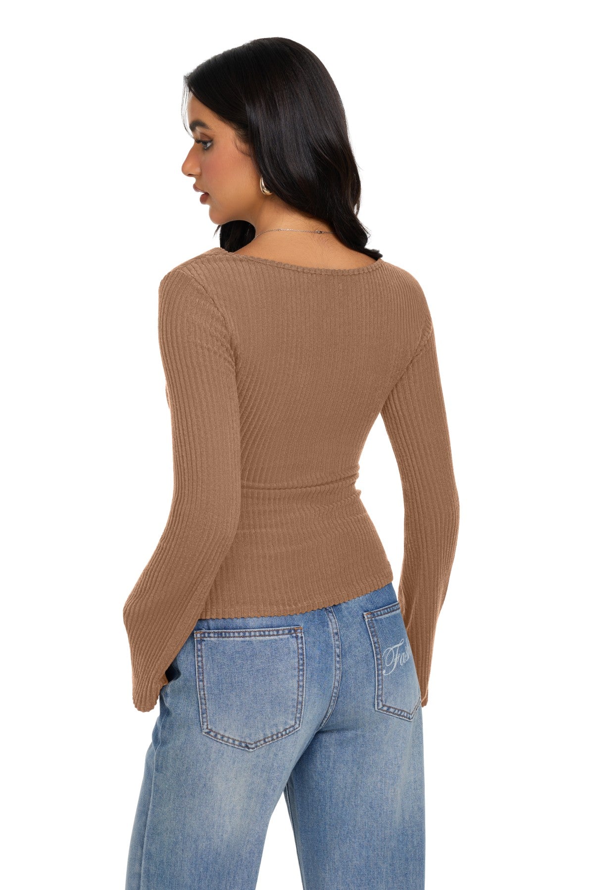 Cowl Neck Ribbed Knit Bell Sleeve Top