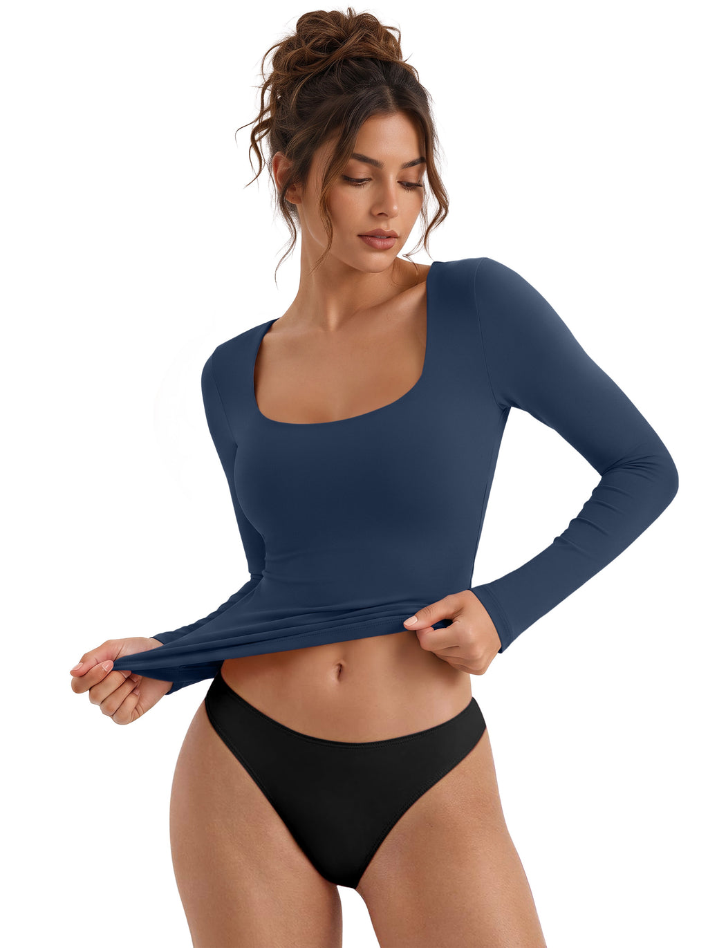 Women's Square Neck Double Lined Long Sleeve Slim Fit Top