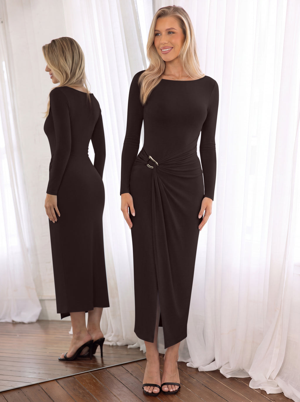 Boat Neck Ruched Midi Dress with Gold Buckle