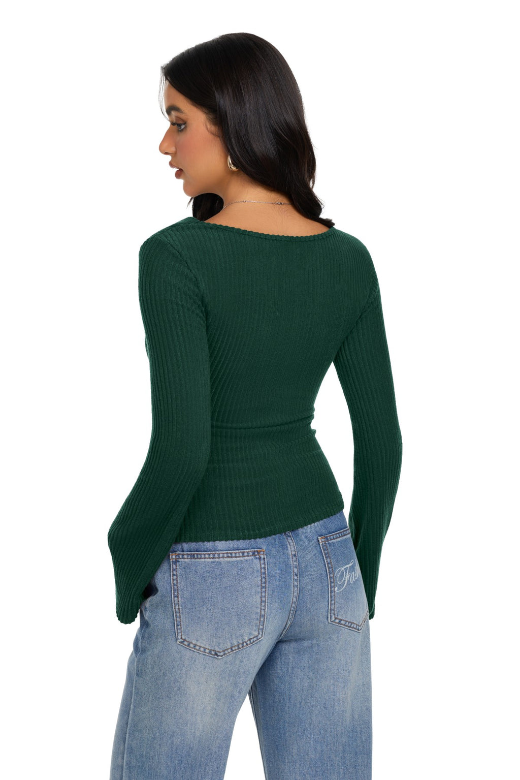 Cowl Neck Ribbed Knit Bell Sleeve Top