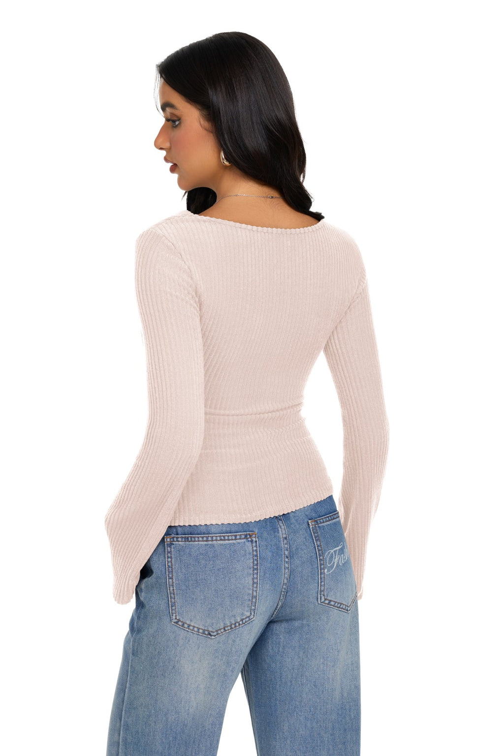 Cowl Neck Ribbed Knit Bell Sleeve Top
