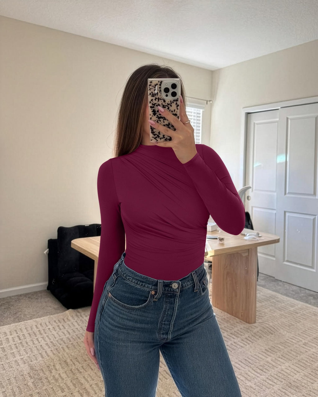 Ruched Basic Layering Mock Neck Slim Fit Bodysuit