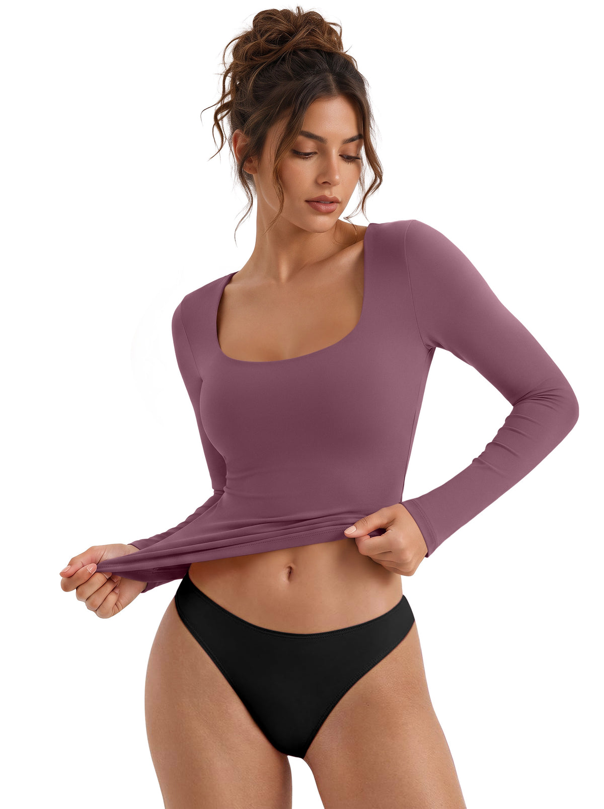 Women's Square Neck Double Lined Long Sleeve Slim Fit Top