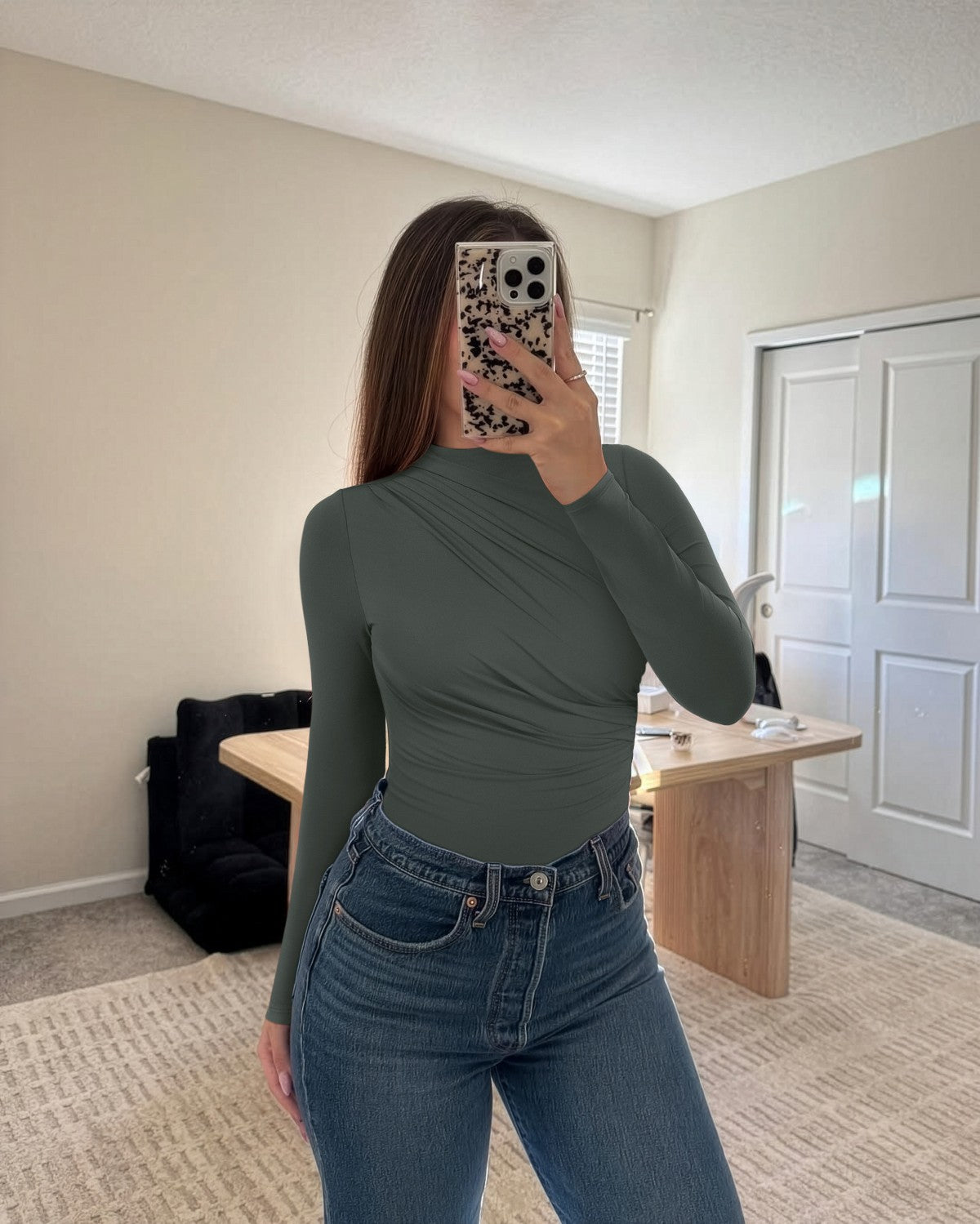 Ruched Basic Layering Mock Neck Slim Fit Bodysuit