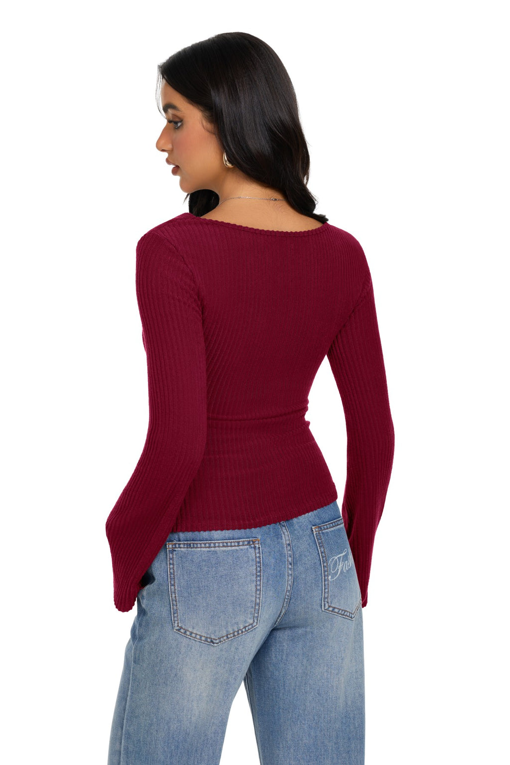 Cowl Neck Ribbed Knit Bell Sleeve Top