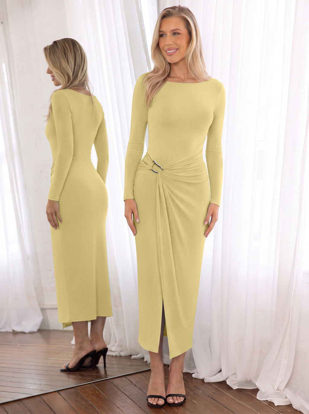 Boat Neck Ruched Midi Dress with Gold Buckle
