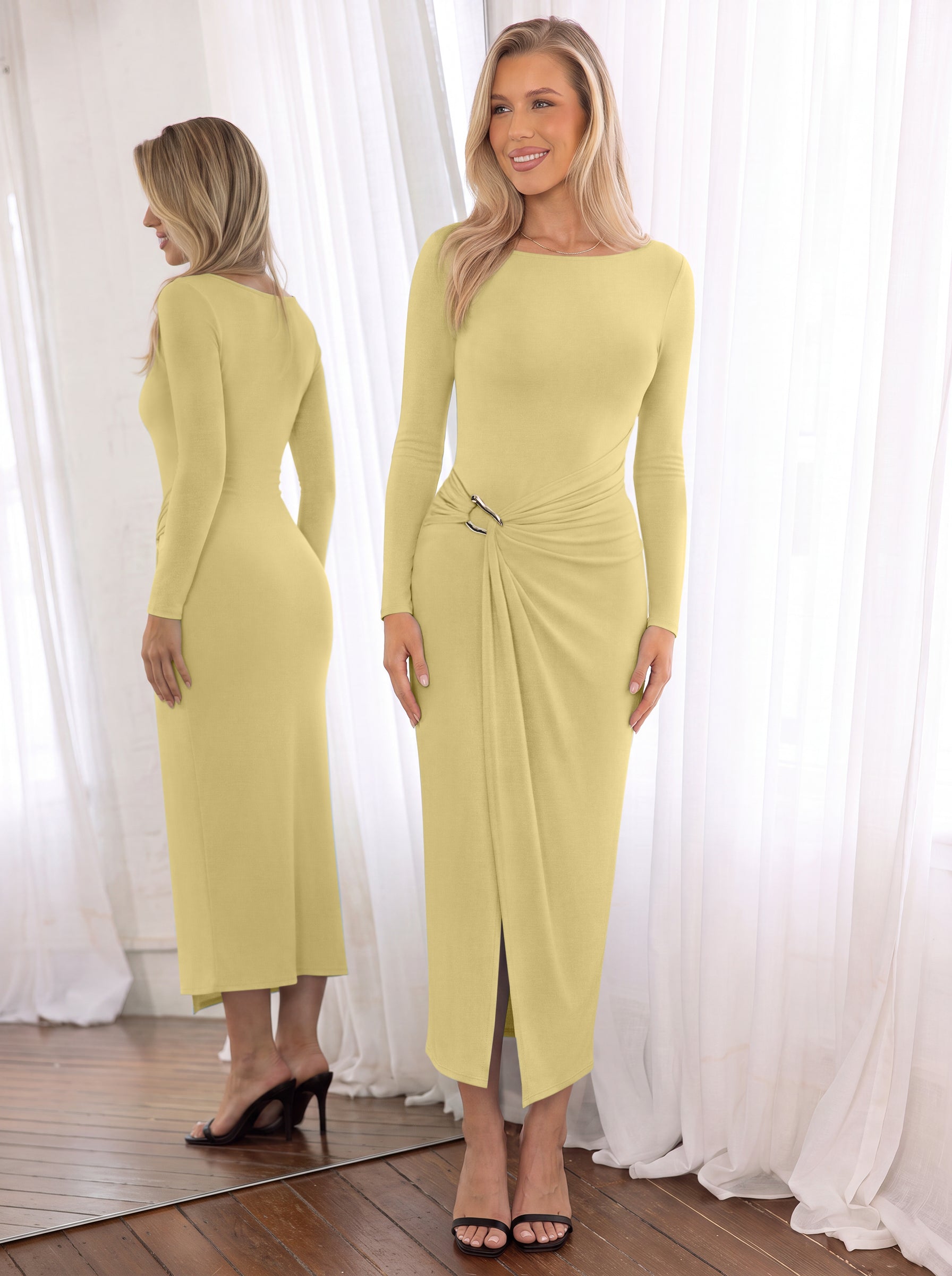 Boat Neck Ruched Midi Dress with Gold Buckle