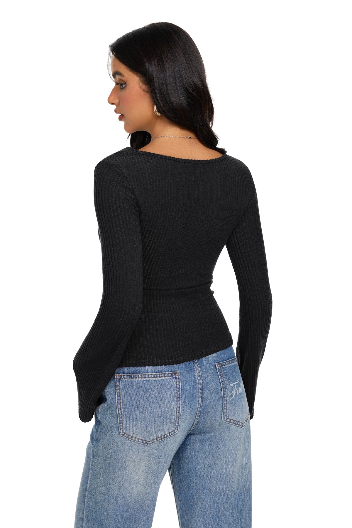 Cowl Neck Ribbed Knit Bell Sleeve Top