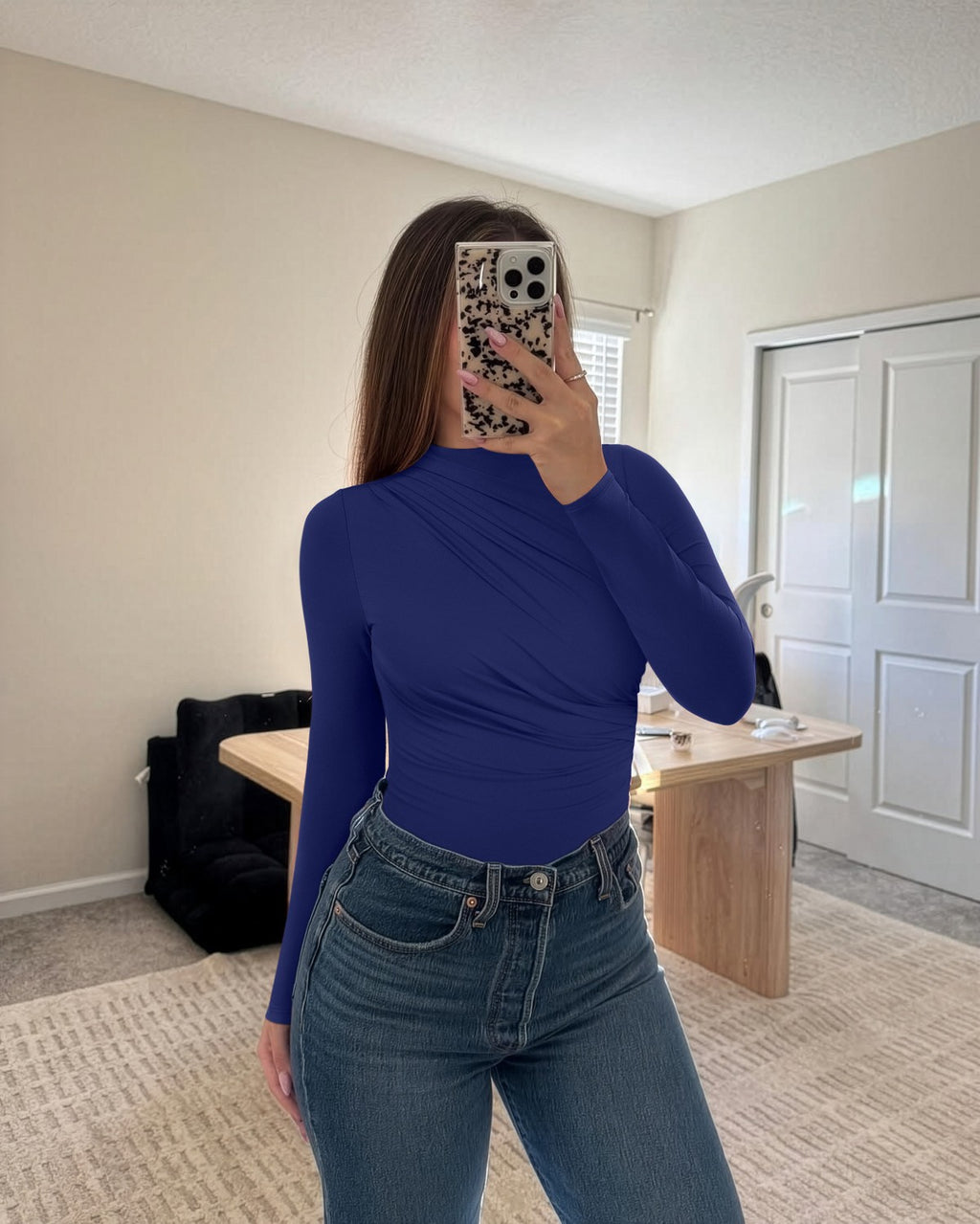 Ruched Basic Layering Mock Neck Slim Fit Bodysuit
