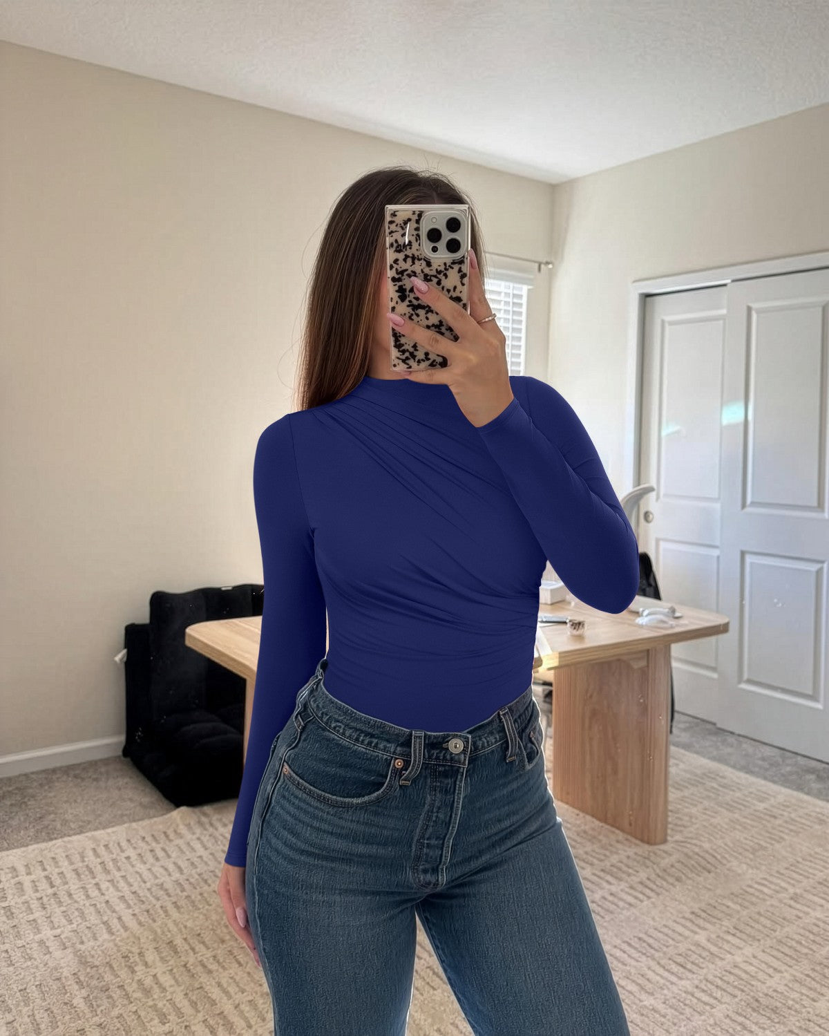 Ruched Basic Layering Mock Neck Slim Fit Bodysuit