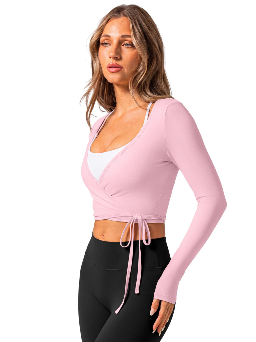 V Neck Long Sleeve Wrap Top with Adjustable Tie