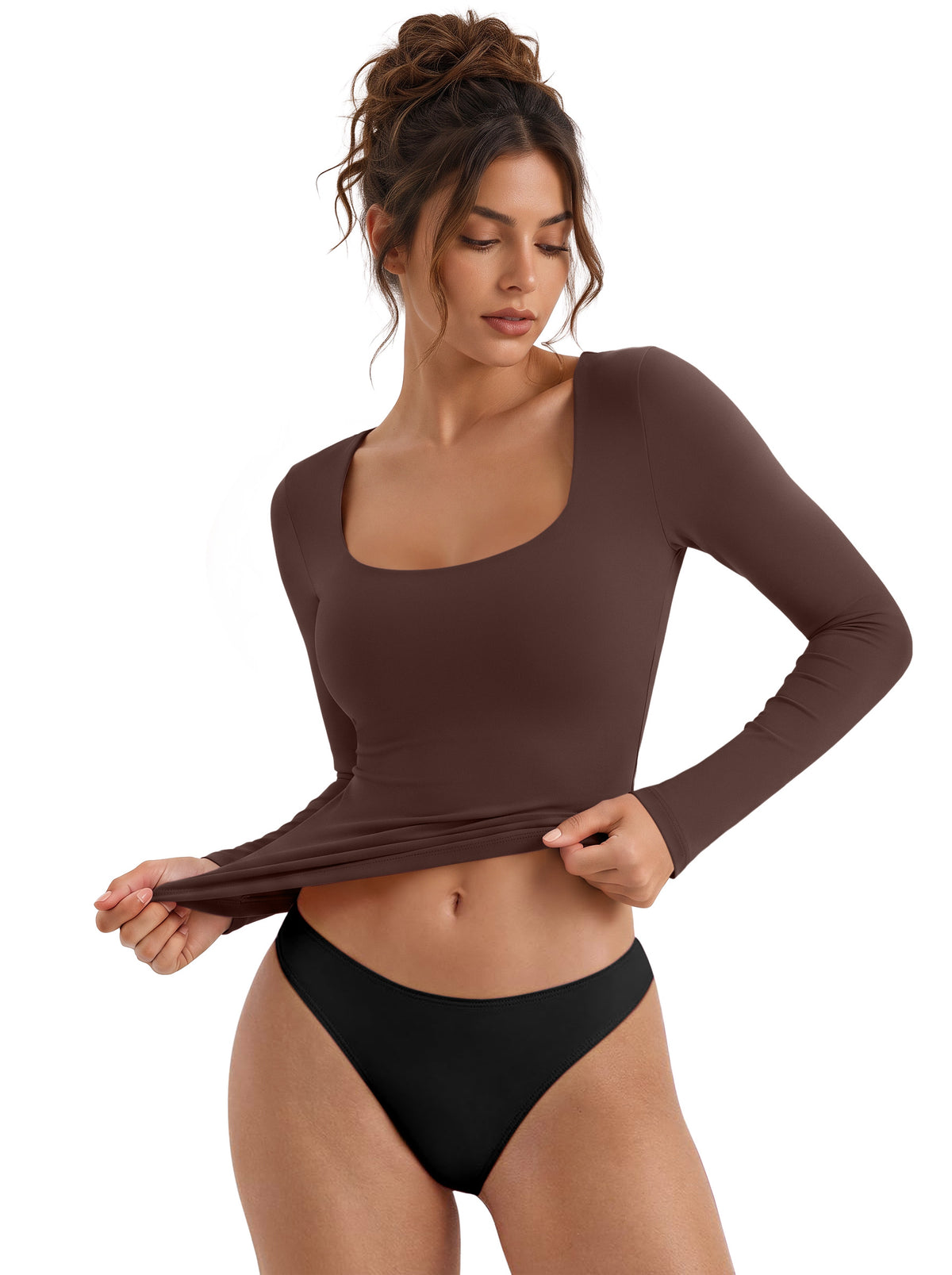 Women's Square Neck Double Lined Long Sleeve Slim Fit Top