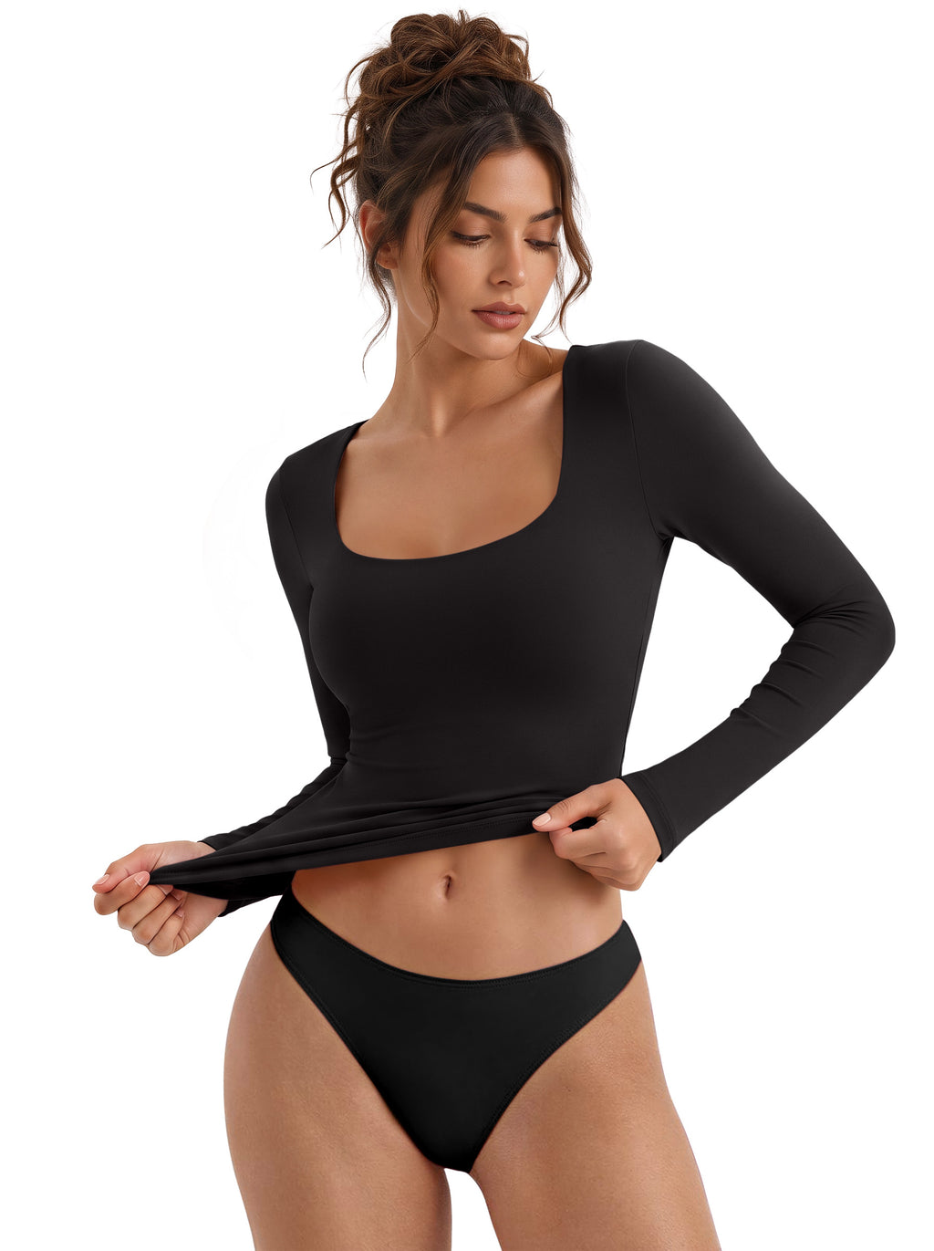 Women's Square Neck Double Lined Long Sleeve Slim Fit Top