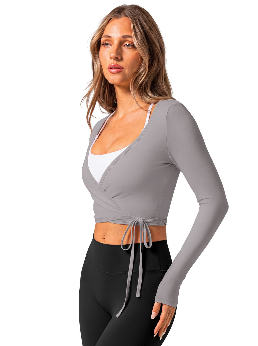 V Neck Long Sleeve Wrap Top with Adjustable Tie