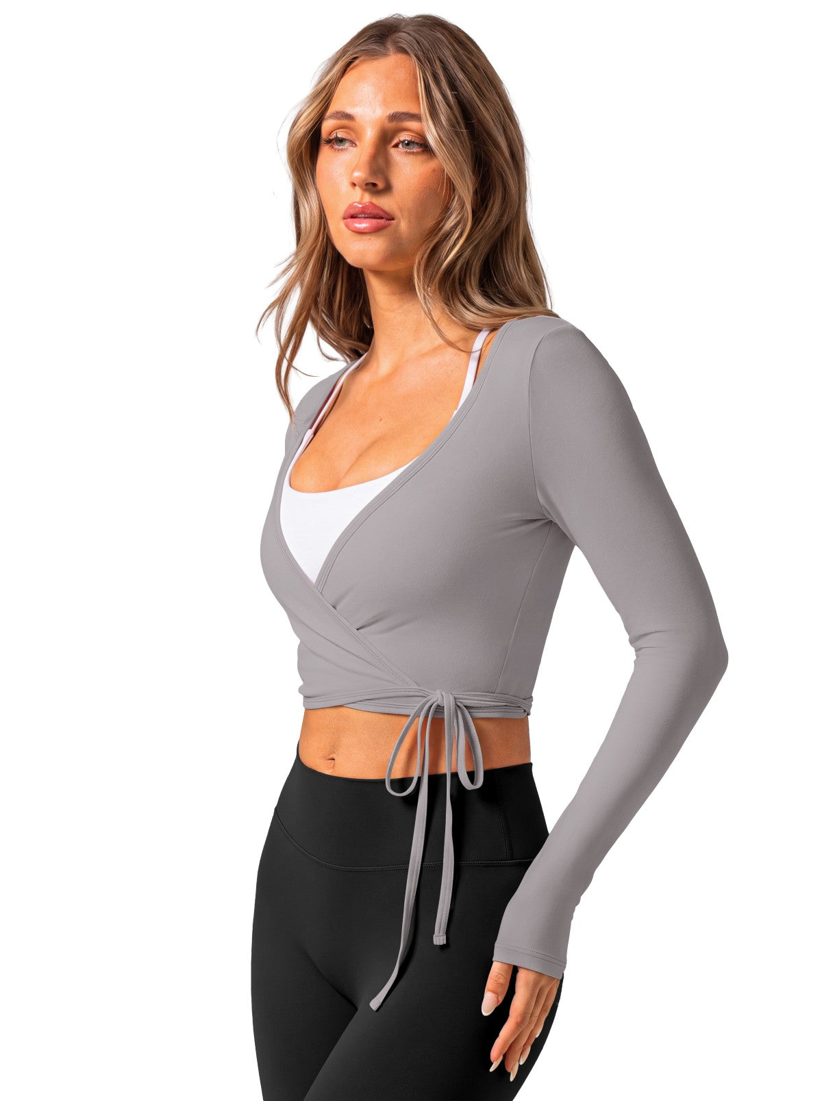 V Neck Long Sleeve Wrap Top with Adjustable Tie