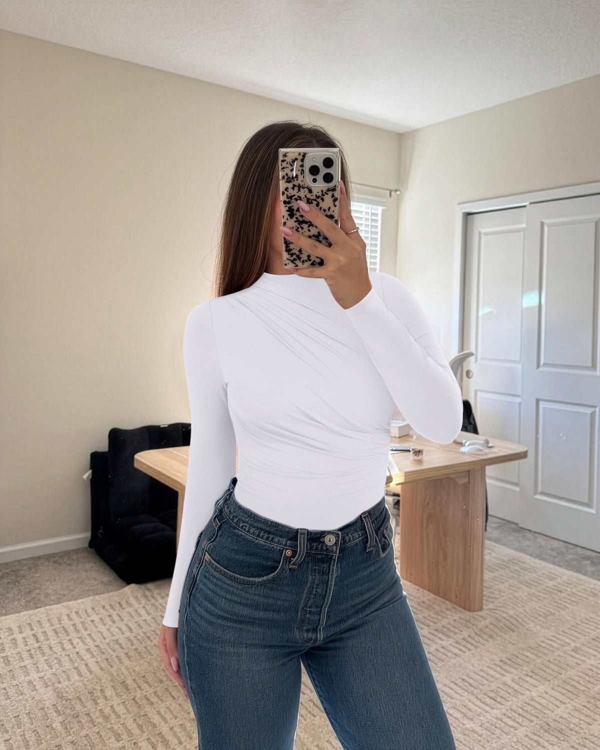 Ruched Basic Layering Mock Neck Slim Fit Bodysuit