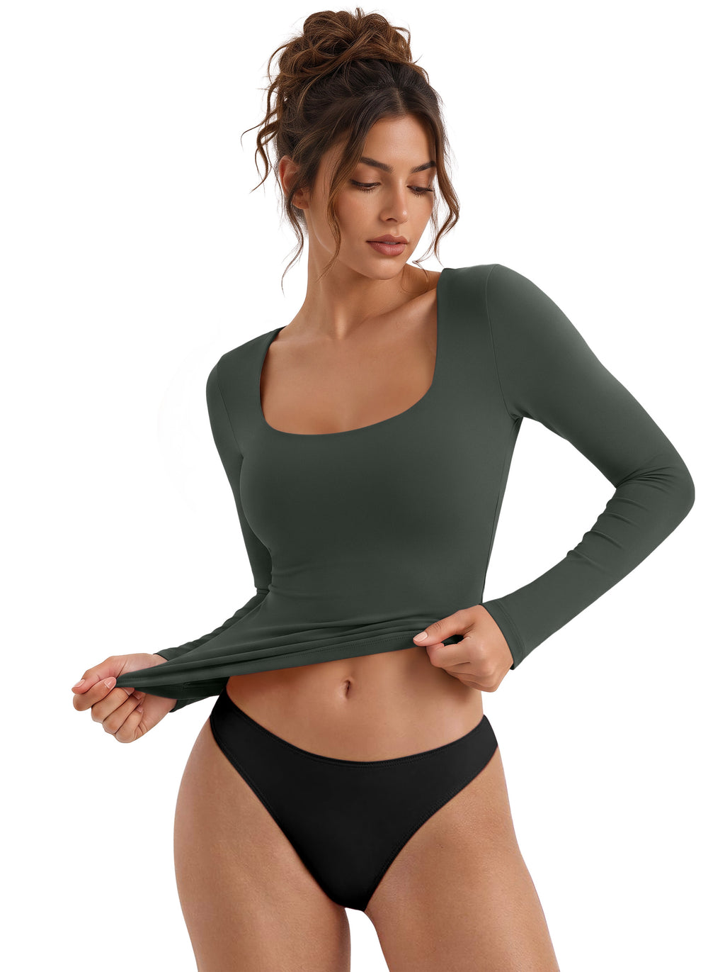 Women's Square Neck Double Lined Long Sleeve Slim Fit Top