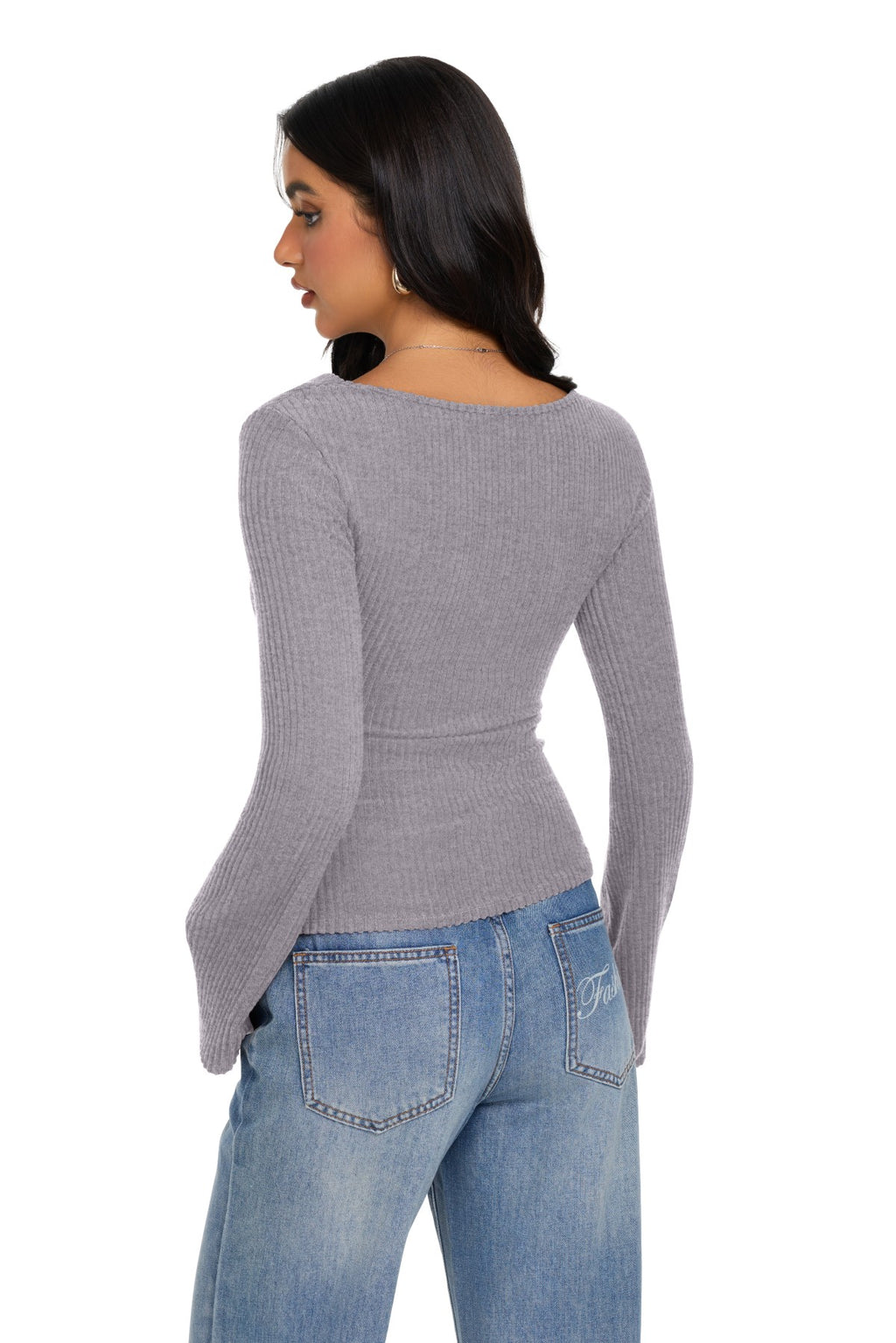 Cowl Neck Ribbed Knit Bell Sleeve Top