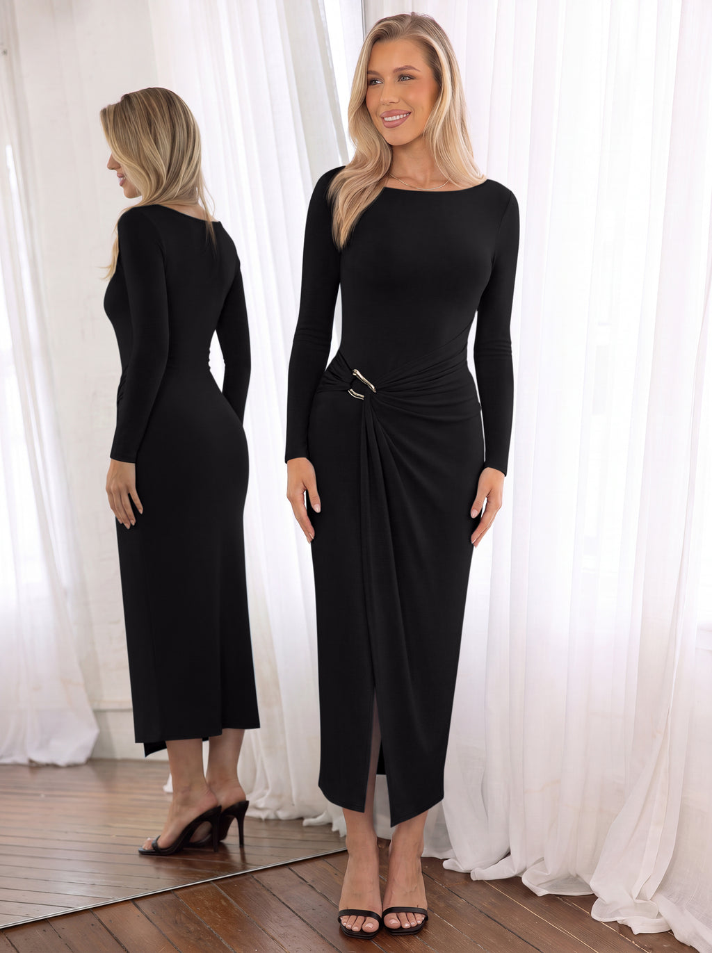Boat Neck Ruched Midi Dress with Gold Buckle
