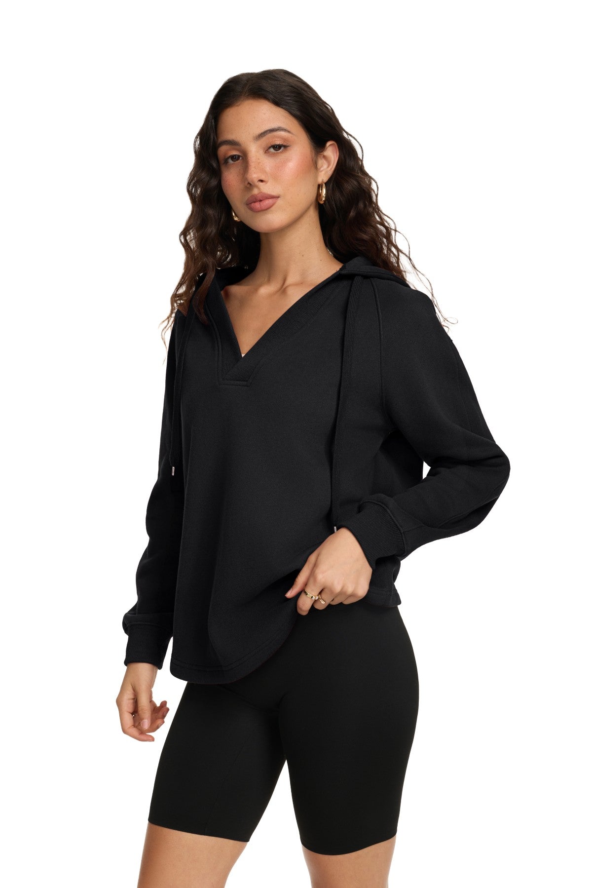 Oversized V Neck Hooded Pullover Sweatshirt