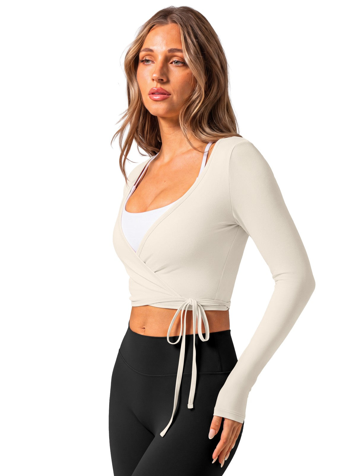 V Neck Long Sleeve Wrap Top with Adjustable Tie
