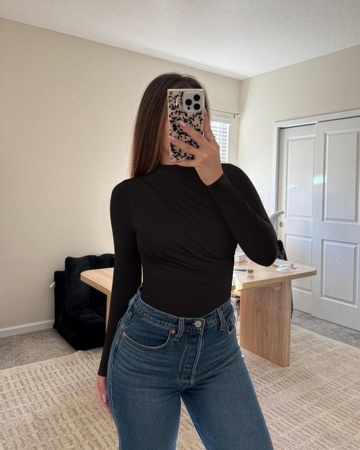 Ruched Basic Layering Mock Neck Slim Fit Bodysuit