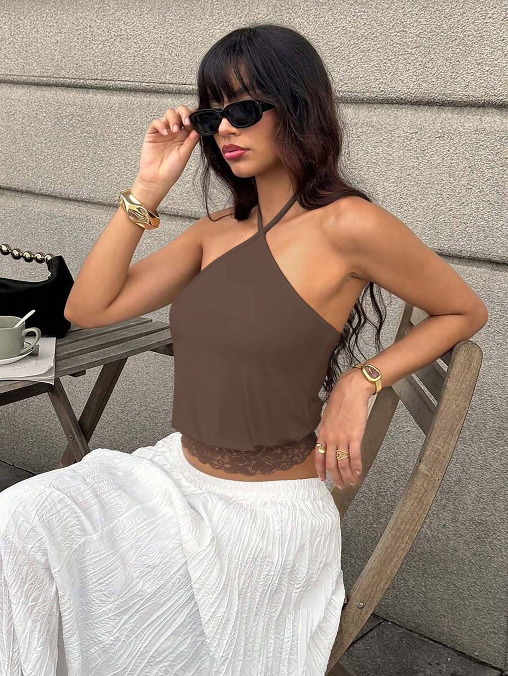 REORIA Backless Halter Lace Trim Crop Tank Top