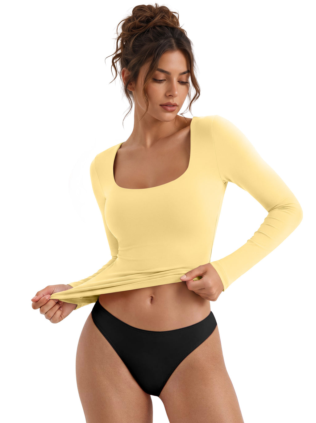 Women's Square Neck Double Lined Long Sleeve Slim Fit Top