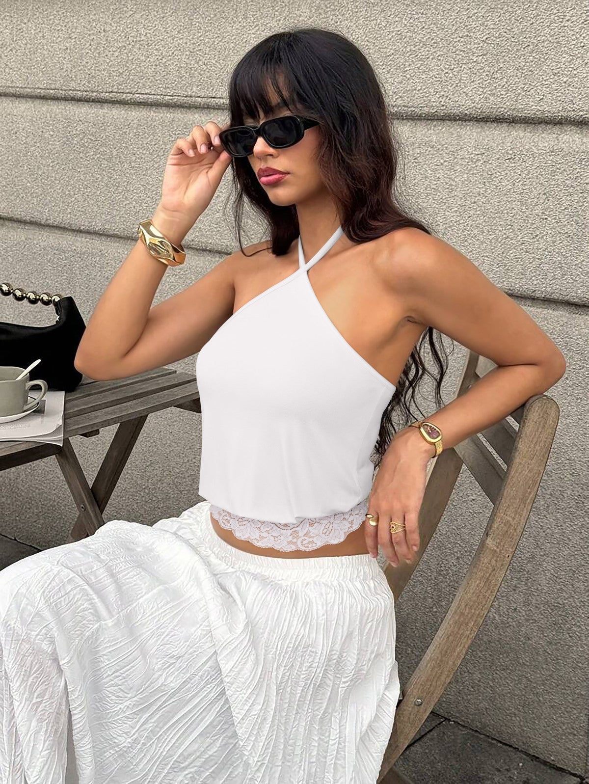 REORIA Backless Halter Lace Trim Crop Tank Top