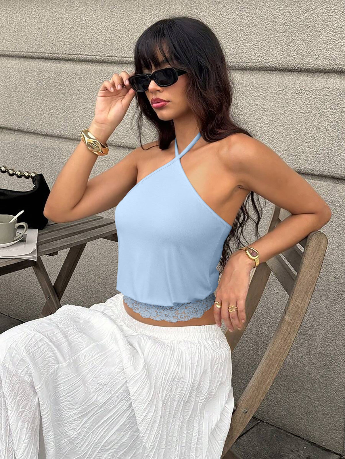 REORIA Backless Halter Lace Trim Crop Tank Top