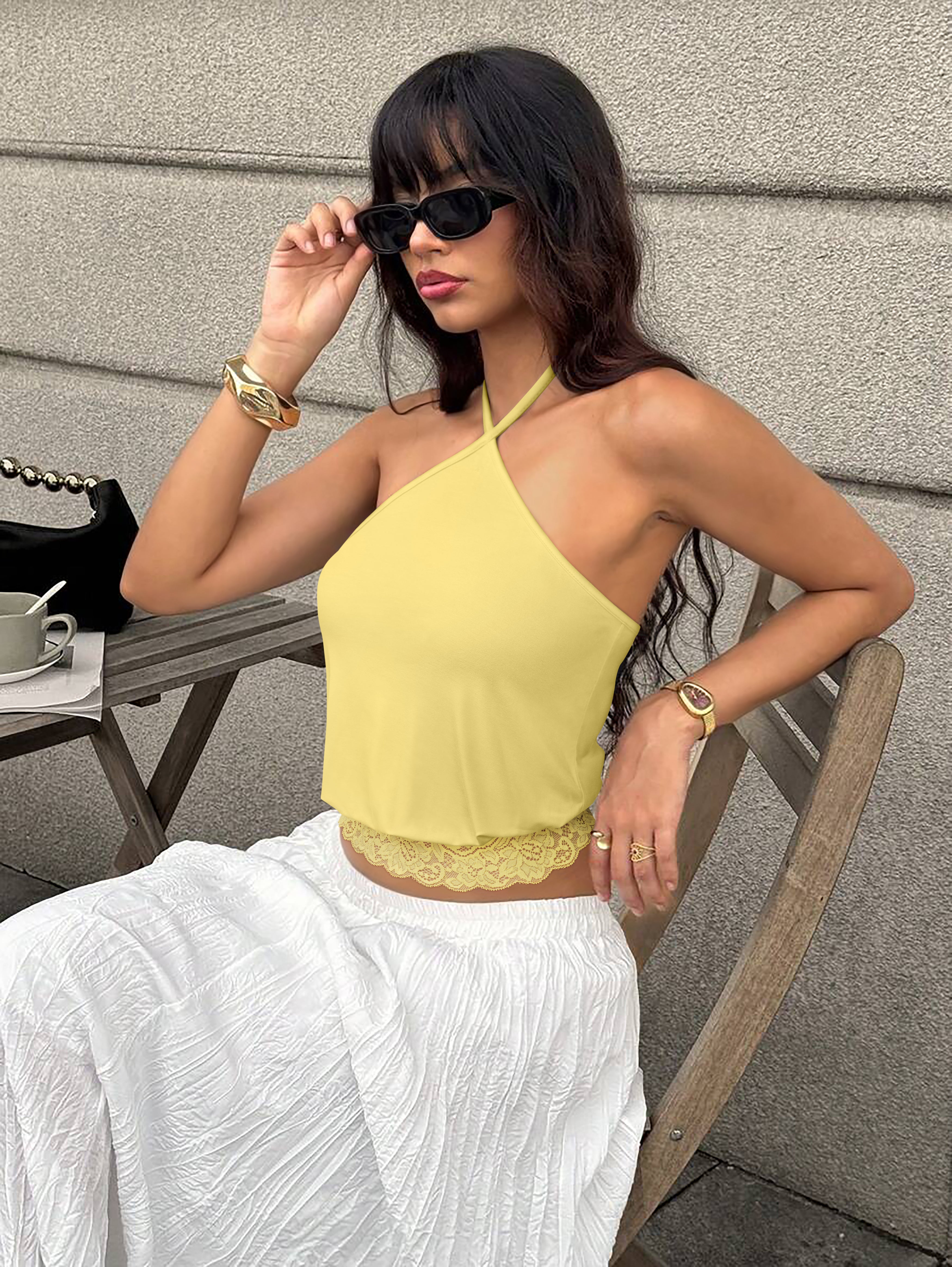 REORIA Backless Halter Lace Trim Crop Tank Top