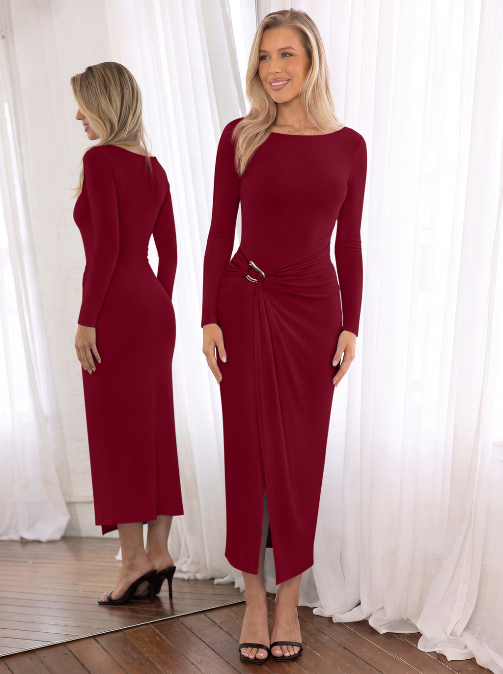 Boat Neck Ruched Midi Dress with Gold Buckle