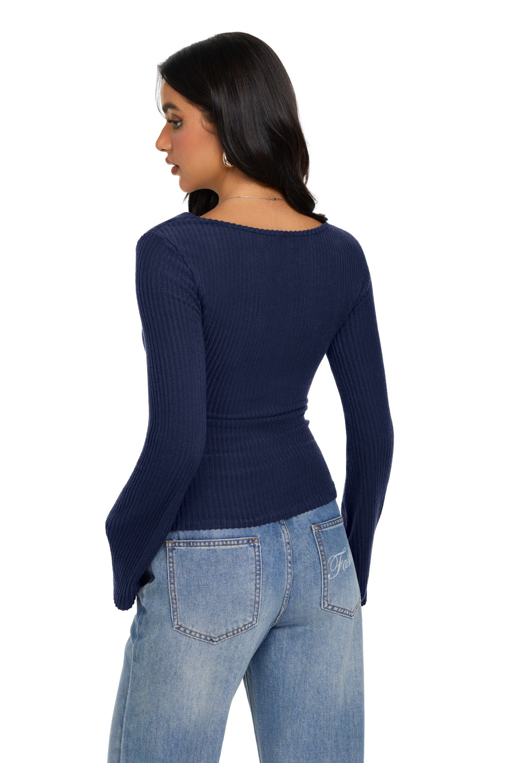 Cowl Neck Ribbed Knit Bell Sleeve Top