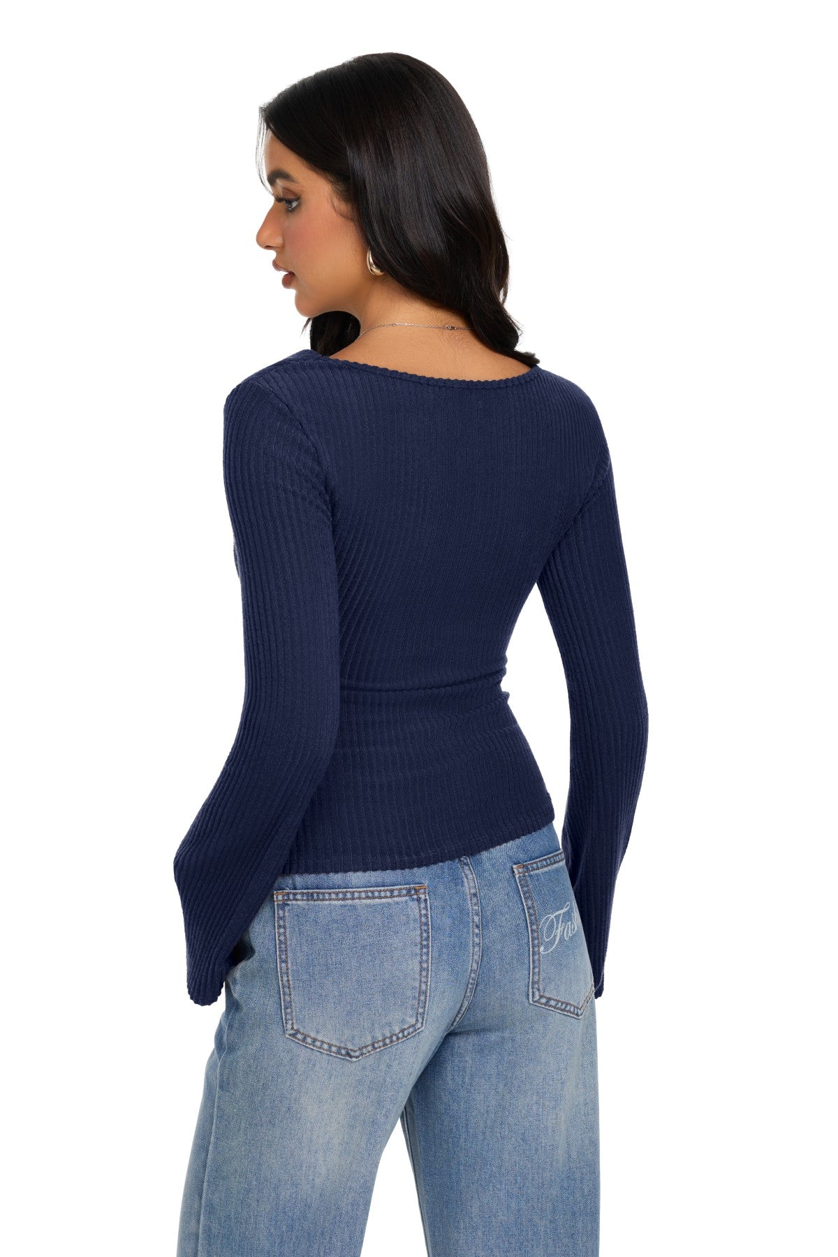 Cowl Neck Ribbed Knit Bell Sleeve Top