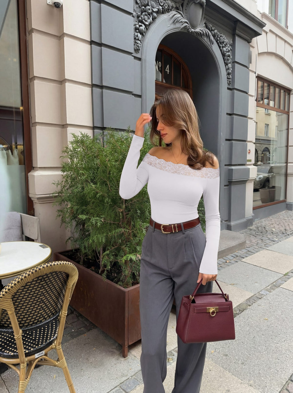 Lace Trim Off Shoulder Long Sleeve Double Lined Slim Fit Top