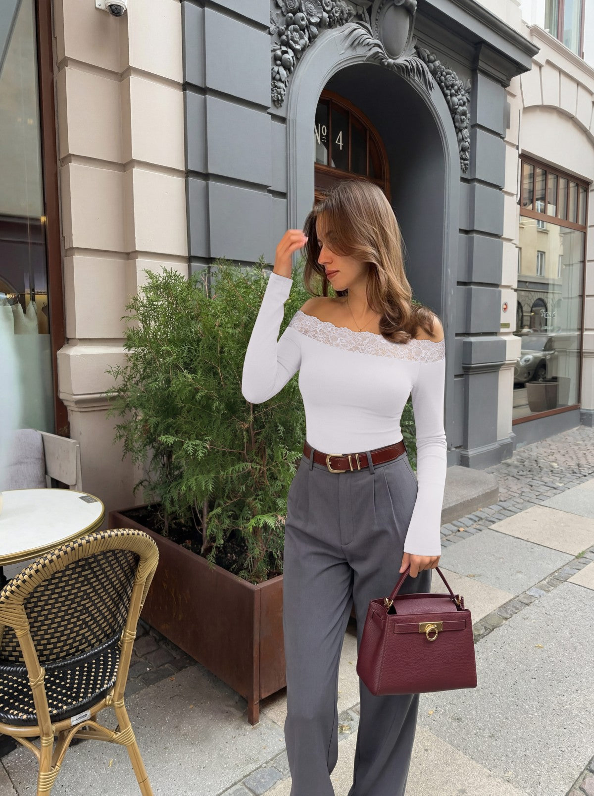 Lace Trim Off Shoulder Long Sleeve Double Lined Slim Fit Top