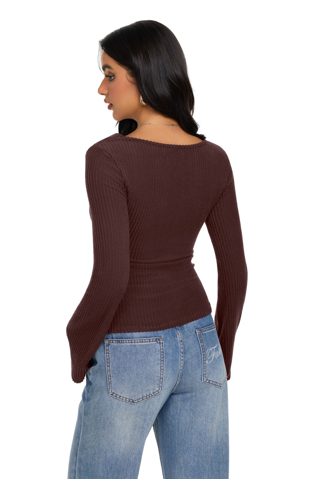 Cowl Neck Ribbed Knit Bell Sleeve Top