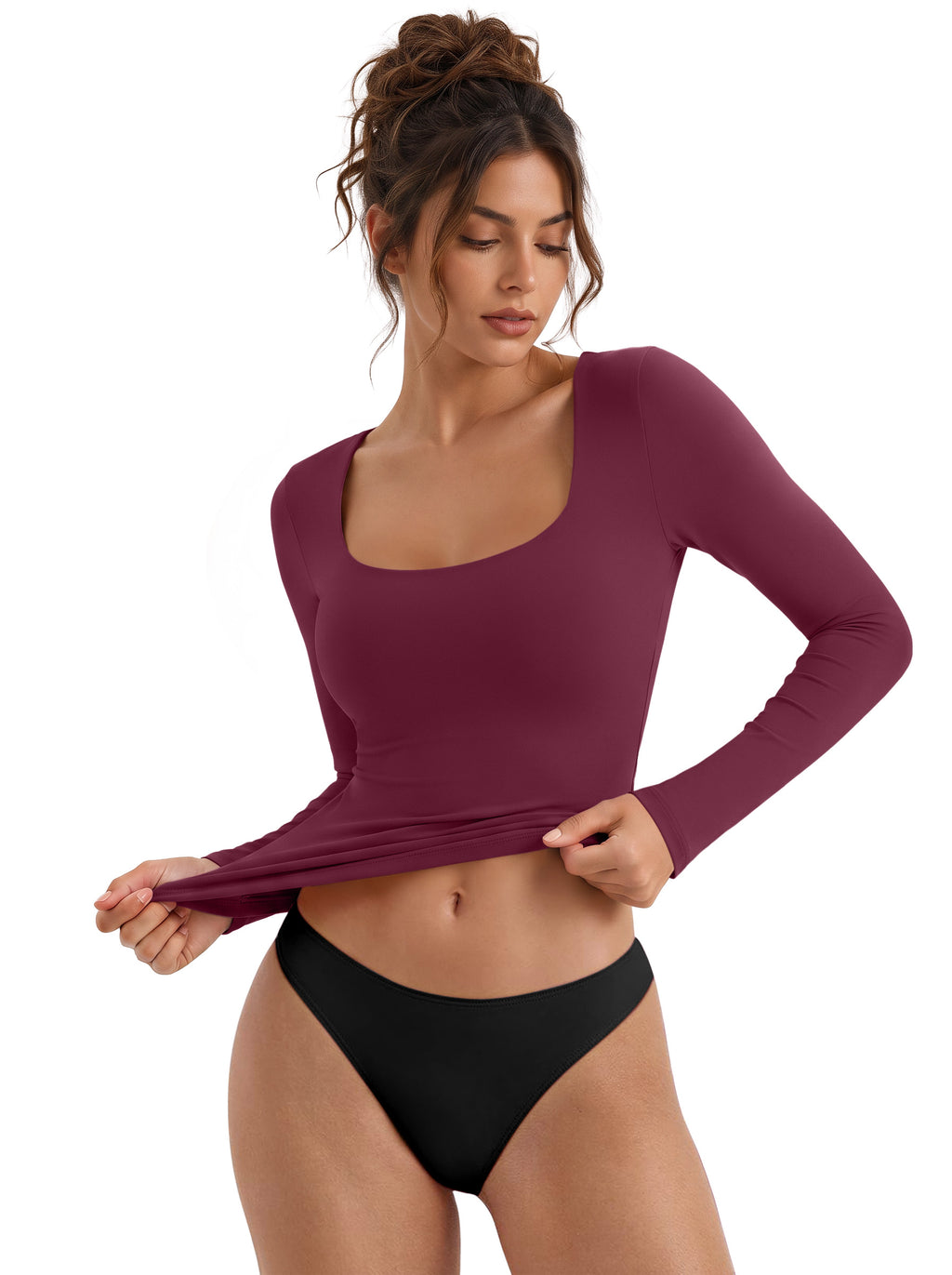 Women's Square Neck Double Lined Long Sleeve Slim Fit Top